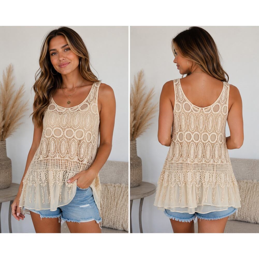 Voice of California Cream Crochet Lace Boho Tunic Tank Top Small